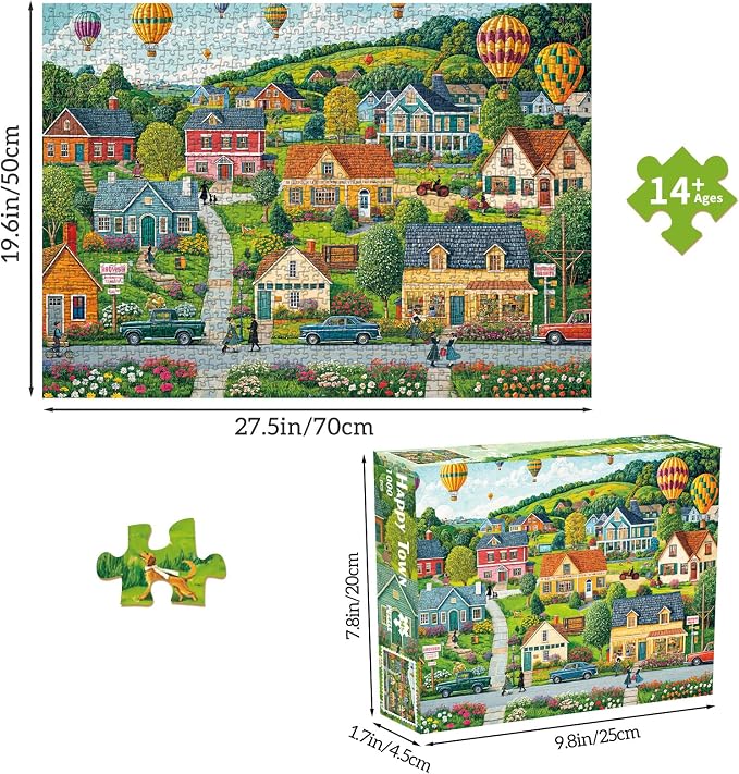 Puzzles for Adults 1000 Pieces, Happy Town Jigsaw Puzzle with 1:1 HD Poster, Perfect Interlocking No Dust, Stress Relief Ideal Gift for Family Games