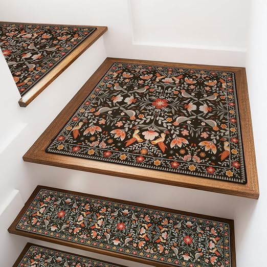OJIA Floral Stair Treads for Wooden Steps 31"x31" Stair Runner Landing Mat | Indoor Stair Treads Non-Slip Stair Runner Stair Mats Staircase Step Treads for Kids, Elders and Dogs, Stair Covers, Black