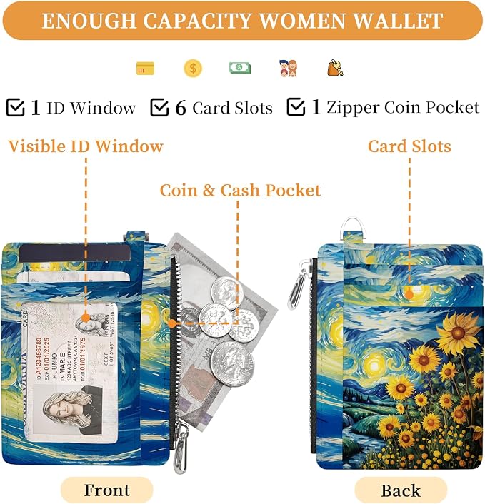 Hancynir Sunflower Small Wallet Women Credit Card Holder, Slim RFID Cute | Zipper Keychain Wallet, Travel Coin Front Pocket, Ladies Women Gifts, Thin Minimalist Card Case, 6 Card Slots, PU Leather