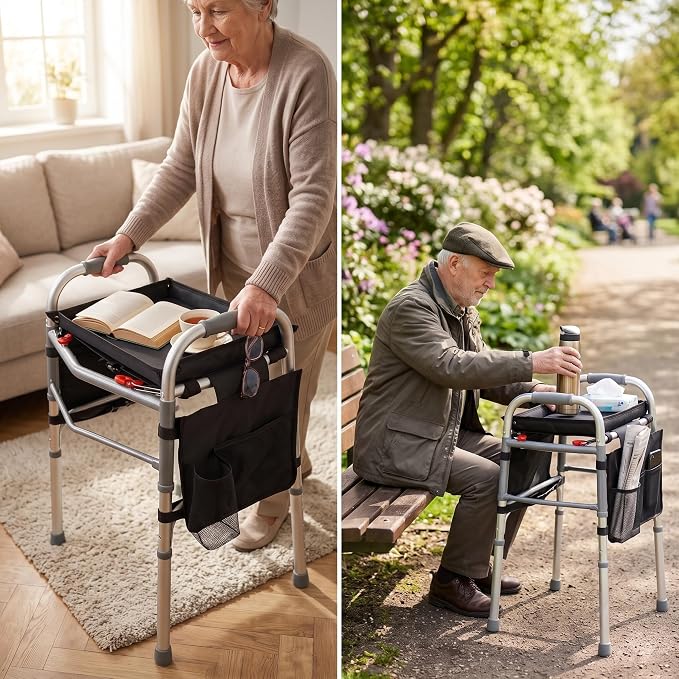 Walker Tray with Cup Holder with 2 Side Pockets, Tray for Folding Walkers, Food Tray, Walker Accessories, Tray Table for Standard Adult Walkers
