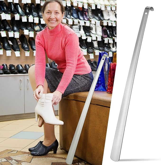 Geelin 1 Pcs 31.5'' Extra Long Handled Shoe Horn Metal Shoehorn for Men Women Multifunctional Stainless Dressing Stick for Elderly Disabled Limited Mobility, Standing Reach Assist for Senior (Silver)