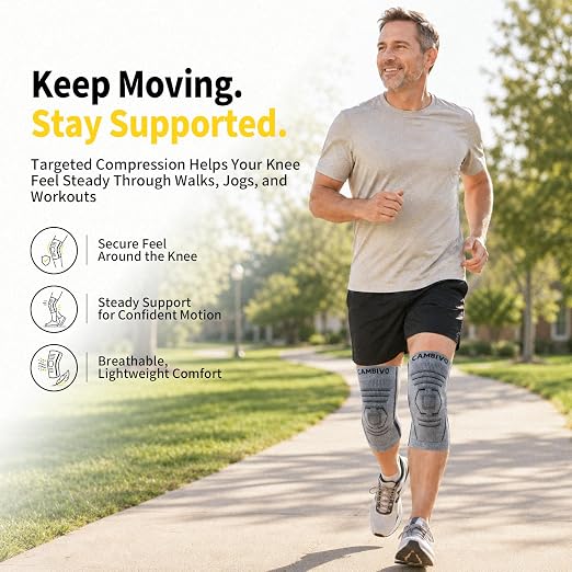 CAMBIVO 2 Pack Knee Brace for Women & Men, Latex Free & Silicone Free Compression Knee Sleeves with Side Stabilizers, Lightweight Knee Support for Arthritis, Meniscus, Walking, Running (Gray, X-Large)