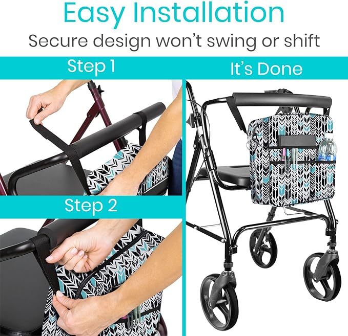 Vive Wheelchair Bag - Machine Washable, Double-Stitched, Water-Resistant Accessory Backpack for Rollators, Wheel Chairs, Walkers - Pouch with XL Pockets & Straps for Quick Installation