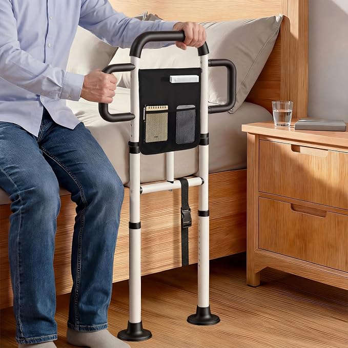 Bed Rails for Elderly Adults Safety, 400 Lbs Support for Seniors, ASTM-Certified Height Adjustable Bed Assist Rail with Motion Sensor Light, Triple Non-Slip Handles & Dual Storage Pockets