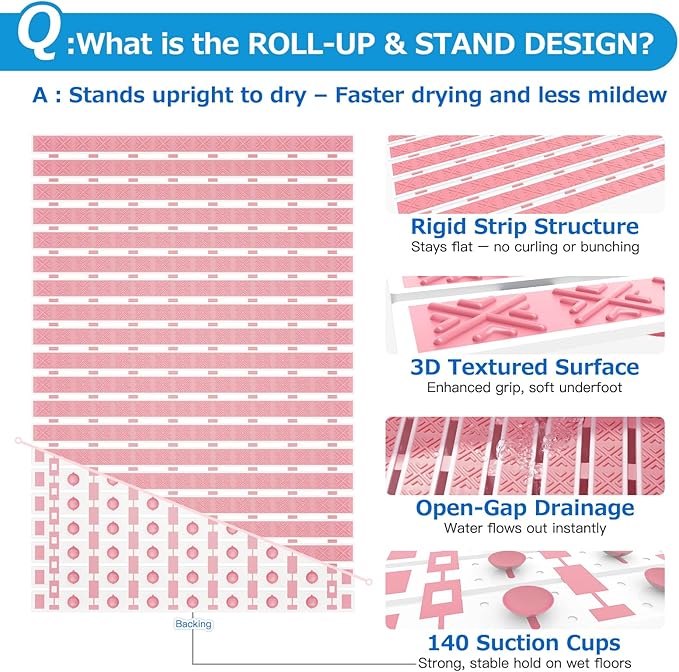 Non Slip Rubber Bathtub & Shower Mat - Fast Drain & Upright Drying Design, Strong Suction Cups, Structured Textured Surface, Low-Maintenance Bathroom Safety Mat, 27 x 16 Inch, Pink, Matace