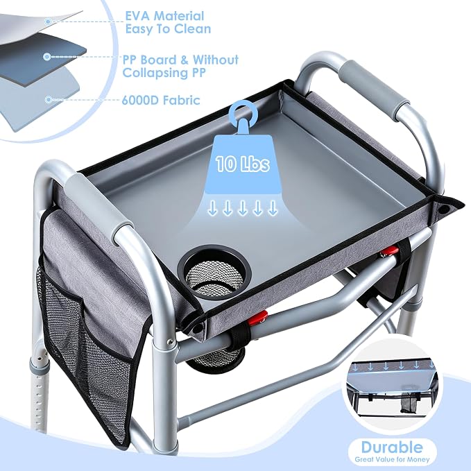 Walker Tray with Two Side Pockets – Universal Seniors Walkers Accessories | Adjustable Side Panels, Waterproof & Easy to Install, With Cup Holder, Cup Holder Keeps Drinks Stable
