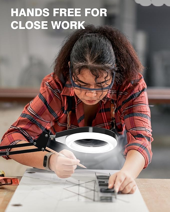 10X & 5X Lighted Magnifying Glass, Stepless Dimmable Magnifier with Lamp, Adjustable 10 Brightness Level and 5 Color Mode Desk Lamp with Clamp for Craft Workbench (Pink)