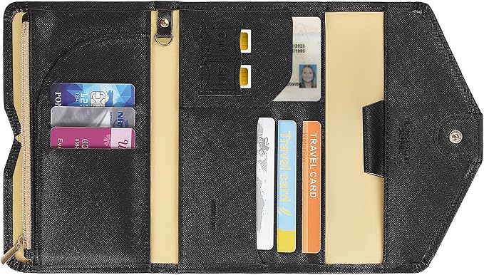 Passport Holder Travel Wallet Organizer for Women,Black | RFID secure, 6 card slots, 41 sim pockets, passport holder with zip-around wallet, slim fit for women travelers.