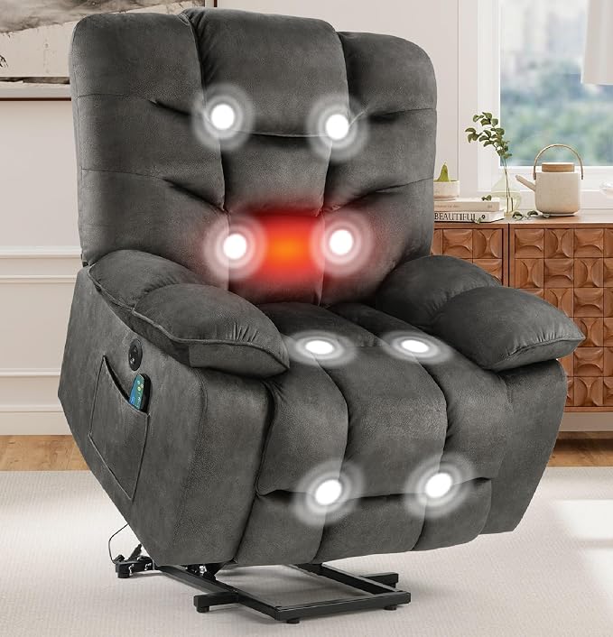 HAOMARKETS Oversized Power Lift Recliner Chair with Massage and Heat for Elderly, Electric Lifting Reclining Chairs with Side Pockets and USB Port for Living Room, Dark Grey
