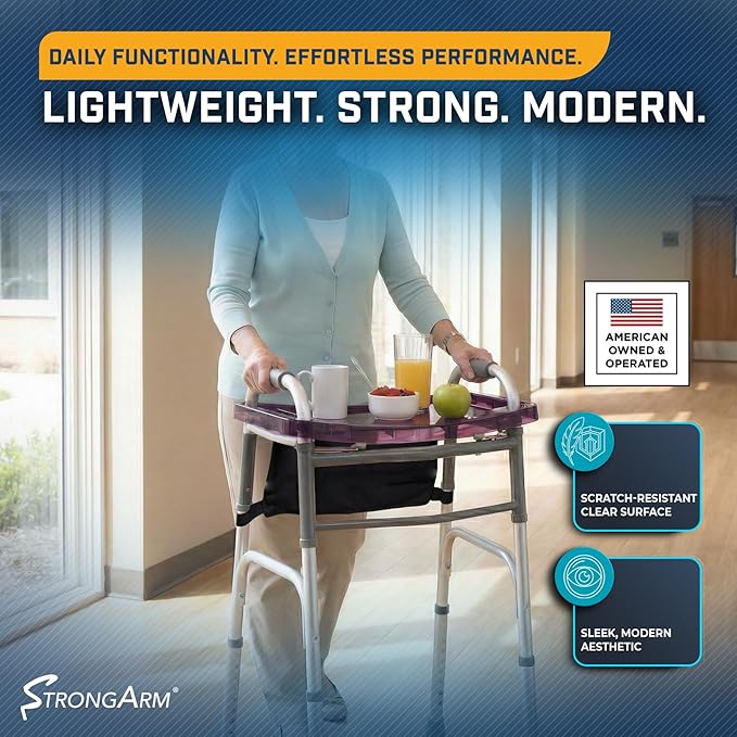 StrongArm Clear View Walker Tray + Bag + Non-Slip Mat & Cup Holder, Tray for Folding Walkers, Food Tray, Walker Accessories, Tray Table for Standard Adult Walkers (Black)