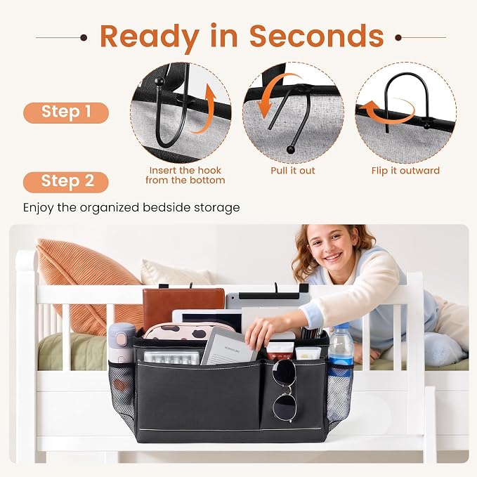 Bedside Caddy for Dorm Bed, Bedside Storage Bag Hanging Organizer | Metal Frame, Water-Resistant Lining, Fits Bed Rails up to 2.2 In, Adjustable Straps, Bunk and Hospital Beds(1 Pack, Dark Grey