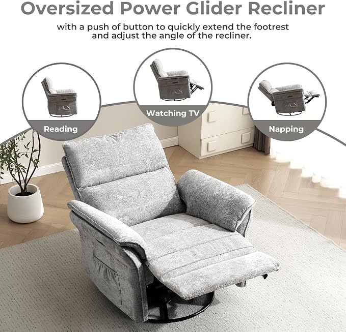 Oversized Power Recliner Chair Swivel Glider with Massage and Heat, Rocker Nursery Recliner for Adults with Adjustable Headrest, 24" Extra Wide Nursery Chair with Overstuffed Armrest,Light Grey