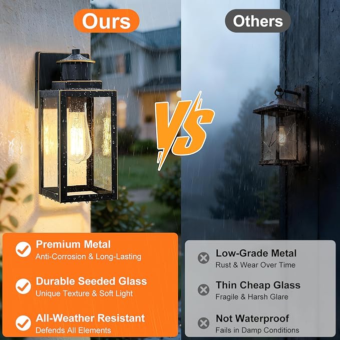 2-Pack Outdoor Wall Lights with Seeded Glass, Black with Gold Trim | Waterproof, Rust-Resistant, Durable Metal, Easy to Install, Ideal for Front Door, Garage