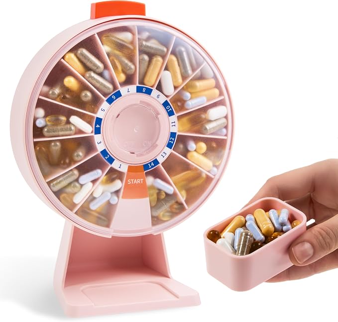 Pill Dispenser 14 Day – Rotating Medicine Organizer Wheel with Push Button, Wall Mounted or Desktop Manual Pill Dispenser for Elderly & Seniors, Large Capacity Vitamin & Medication Organizer
