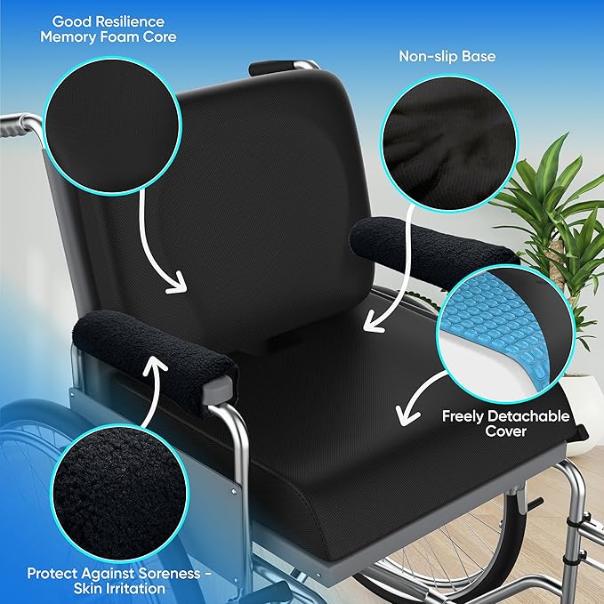 Wheelchair Cushion for Pressure Relief - (4-Piece Set) 18”x16” Anti-Slip Wheelchair Seat Cushions, Lumbar Pillow and Wheelchair Armrest Pads for Adults, Seniors, Wheelchair Accessories