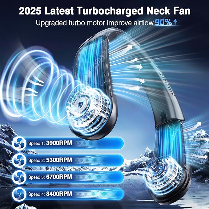 ChillGo Portable Neck Fan, 8400 RPM Enlarged Turbo Airflow, 5200mAh Personal Wearable Fan - Max 16H Cooling, LED Display, 4 Speeds, Foldable, Gifts for Men Women - Iceland Basalt