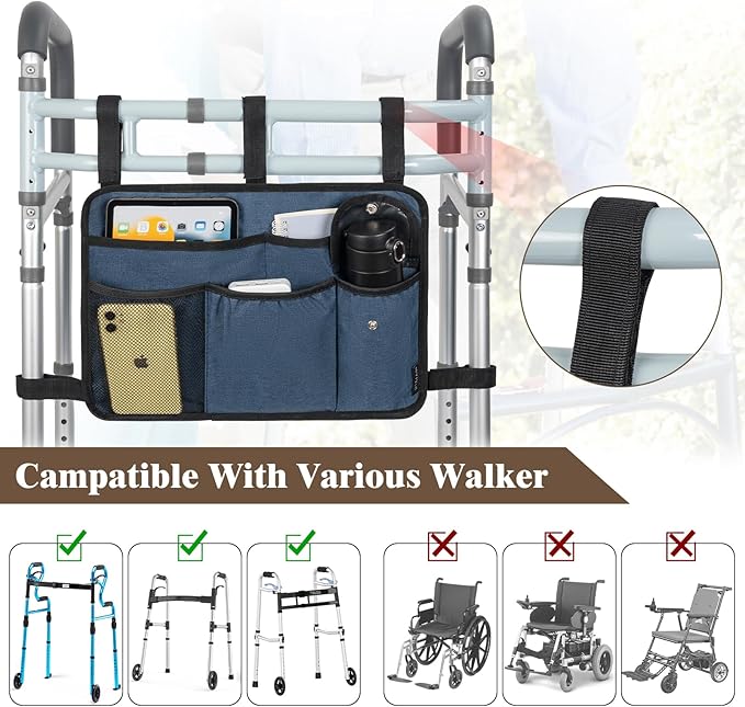 Walker Bag Multiple Pockets Walker Basket for Folding Walker with Cup Holder Bag for Walkers for Seniors Rollator Accessories Bag Blue