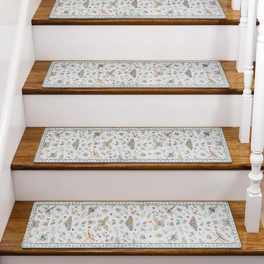 OJIA Insect Stair Treads Non-Slip Stair Runners for Wooden Steps 4PC 30"x8" | Indoor Stair Runner Carpet Stair Treads for Wood Stairs Mats Staircase Step Treads for Kids & Dogs, Stair Covers, Beige