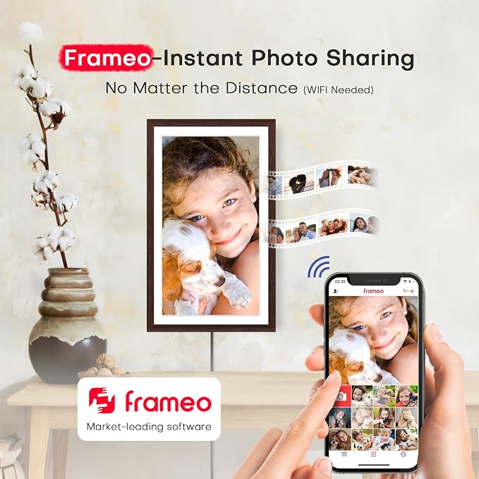 Frameo 15.6 inch Digital Picture Frame WiFi Wood, 1920 * 1080 IPS FHD Touchscreen Large Digital Photo Frame, 32GB Storage, Instant Share Photo Video, Wall-Mountable & Tabletop Display, Gift for Mom
