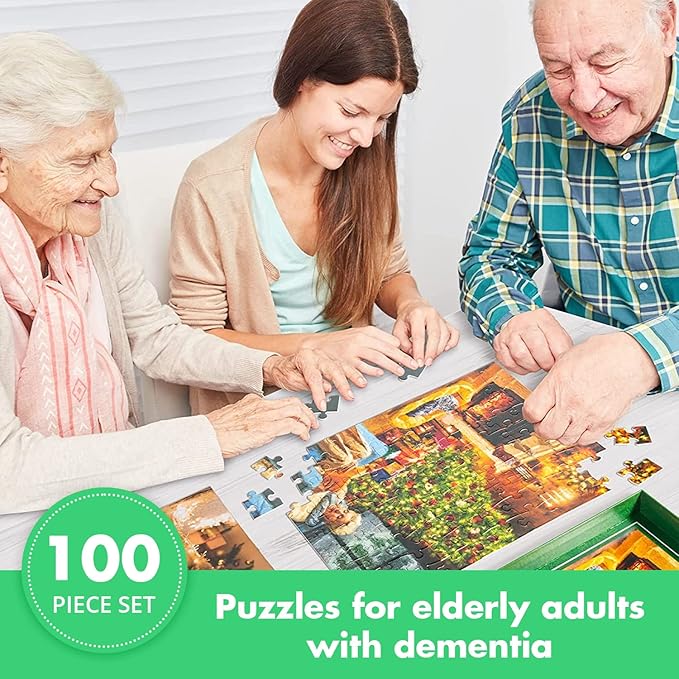 Assistex Large Piece Jigsaw Puzzle for Seniors with Dementia with Conversation Prompts, Large Piece Memory Game for Adults, Elderly, and Dementia Patients – Christmas Puzzle, 100 pcs