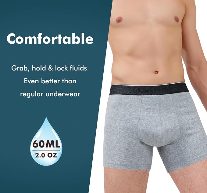 AIRCUTE Washable Absorbency Incontinence Underwear for Men, 6" Inseam Urinary Protective Boxer Briefs for Bladder Leaks 60ML (5X-Large, Gray)