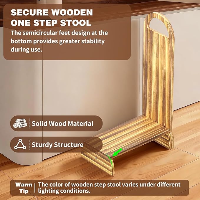 Wooden One Step Stool with Handle, 6" Height Wooden Step for Bathroom/Kitchen, Solid Wooden Step with Semicircle feet for Elderly, Adults, Kids to Get in & Out of Bed Easily(440LBs Capacity)