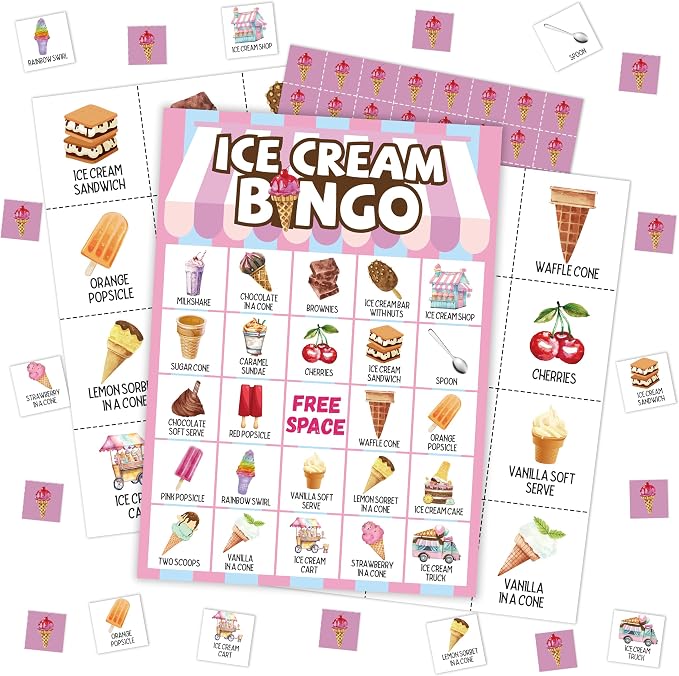 Ice Cream Bingo Card, Sweet Treats Bingo Game for Adults Family Friends, Summer Party Favors Decorations, Ice Cream Game for Birthday Party, Holiday Games for 24 Players -18