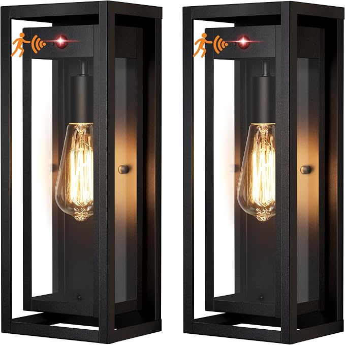 15" Motion Sensor Outdoor Wall Lights, Outdoor Sconces, 2 Pack | Dusk to Dawn, Large Size, Anti-Rust, Waterproof, Easy Installation, Black Modern Exterior Lighting Fixtures for House Porch
