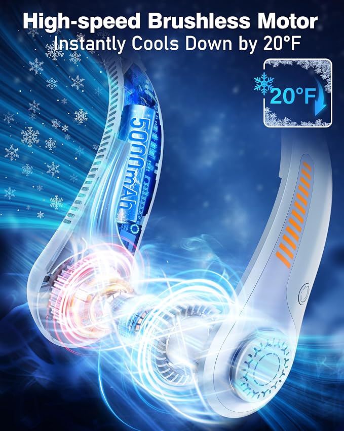 Portable Neck Fan - Rechargeable Personal Fan with Neck Support, 5000mAh, 5-Speed Quiet, Lightweight Long Lasting Bladeless Fan, Wearable Cooling Fan for Hot Flashes, Travel, Gifts for Men Women