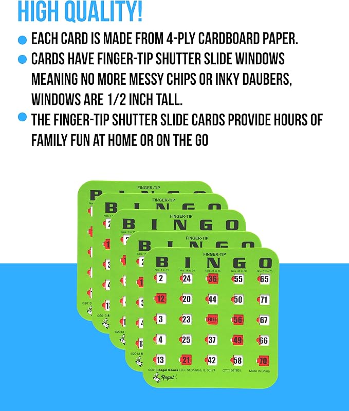 Regal Bingo Bulk Bingo Cards with Sliding Windows - Reusable Large Print Bingo Game Cards for Adults Large Group - 200 Pack, Green