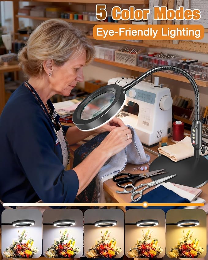 30X 10X Magnifying Glass with Light and Stand, 5 Color Modes Stepless Dimmable, Optical Grade HD Lens, LED Lighted Magnifier Hands Free with 20.5in Flexible Gooseneck for Close Work - Black