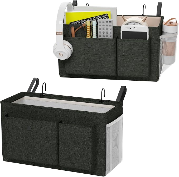 Bedside Caddy Bedside Storage Hanging Organizer for Bunk Dorm Bed Rail | Bed Caddy with Hooks, Top Bunks and Dorm Essentials for Water, Tissues, Tablets, Books, Phones, Remotes and Other Necessories