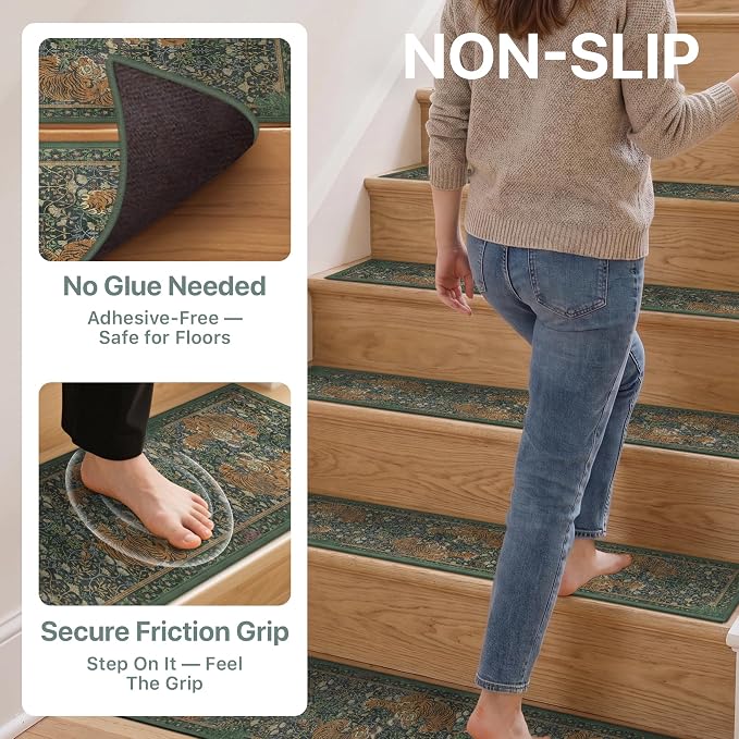 SARBEN 8"x30" Non Slip Stair Treads for Wooden Steps 15 Pack, Green Tiger | Peel and Stick Carpet Stair Runner with TPE Adhesive Backing, Carpet for Added Safety, Pet and Senior Friendly