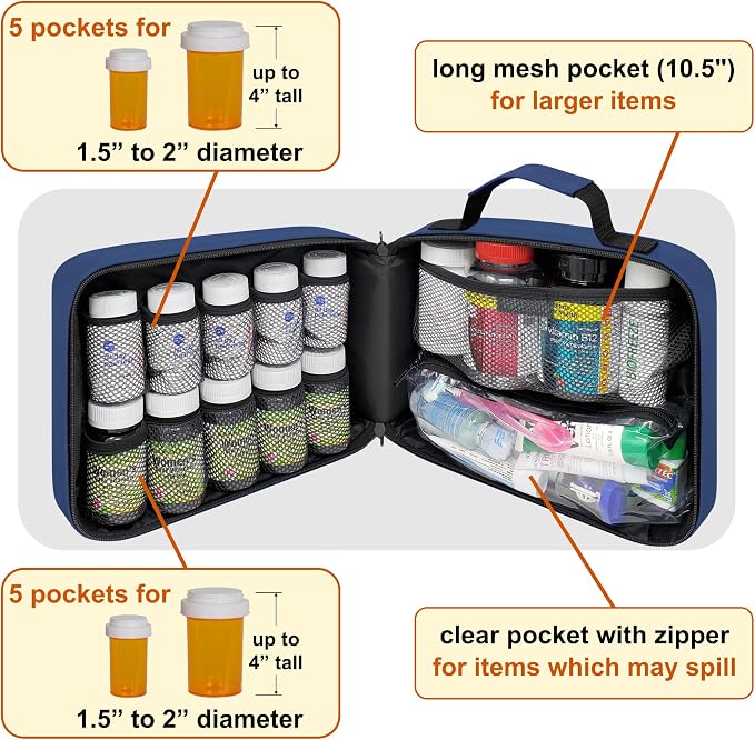 Large Medicine Organizer Bag – 10 Pocket Pill Bottle Organizer for Travel & Home Storage, Blue