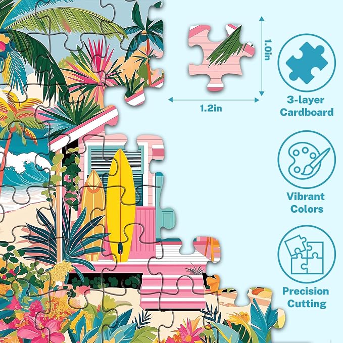 500 Piece Jigsaw Puzzle for Adults, Tropical Beach House | Tropical beach house scene with palm trees, surfboards, flowers, poster, storage bag, back letters and thick cardboard.