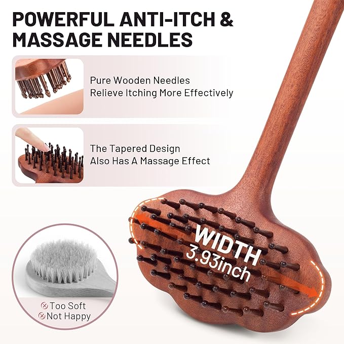 Wooden Back Scratcher, 16.34'' Long Handle Handmade Wood Brush Needle Effective in Relieving Itching, Rascador de Espalda, Backscratcher for Men and Women, Gift for Father, Husband, Elderly