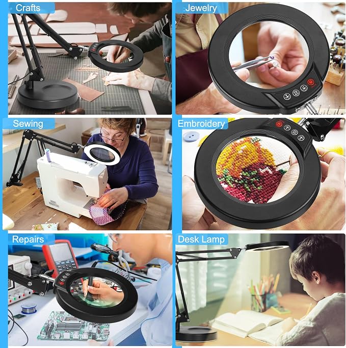 Coyeth 12X Magnifying Glass with Light and Stand, 5 Color Modes Stepless Dimmable 2-in-1 Lighted Magnifier with Clamp, LED Desk Lamp Hands Free for Crafts Hobby Reading Painting Sewing Close Work