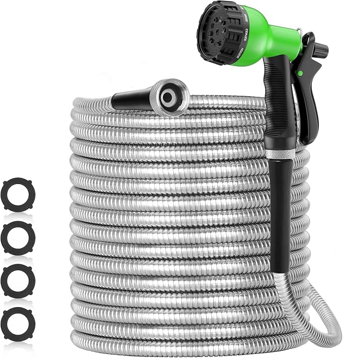 SPECILITE 150ft 304 Stainless Steel Metal Garden Hose with Nozzle | Puncture Resistant, Flexible, Never Kink & Tangle, Heavy Duty Water Pipe for Yard, Outdoor, Lawn