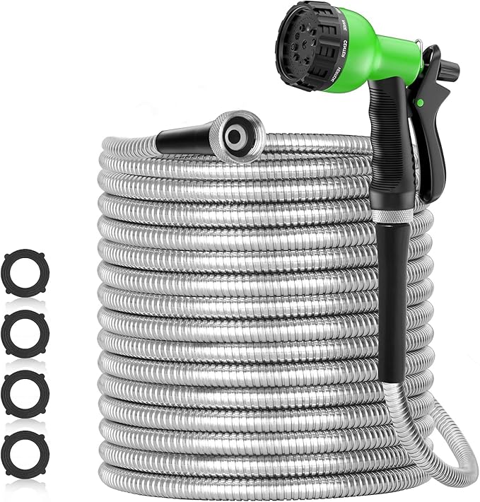 SPECILITE 75ft 304 Stainless Steel Metal Garden Hose with Nozzle | Puncture Resistant, Flexible, Never Kink & Tangle, Heavy Duty Water Pipe for Yard, Outdoor, Lawn