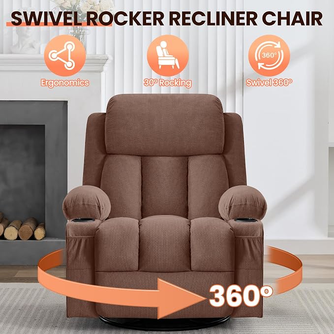 MAHOMICO Swivel Rocker Recliner Chair with Vibration Massage and Heat for Living Room,with Rocking Function and Side Pocket, USB Charge Port,2 Cup Holders