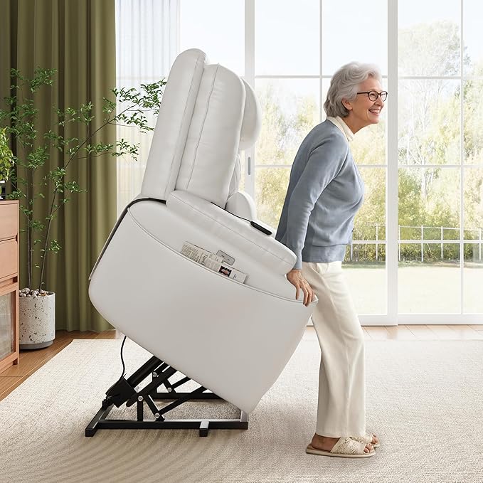 Garvee Power Lift Recliner Chair Sofa, PU Leather Reclining with Charging Ports, Cup Holders, Electric Stand Assist for Elderly, Home Theater Seating with Remote for Living Room, White
