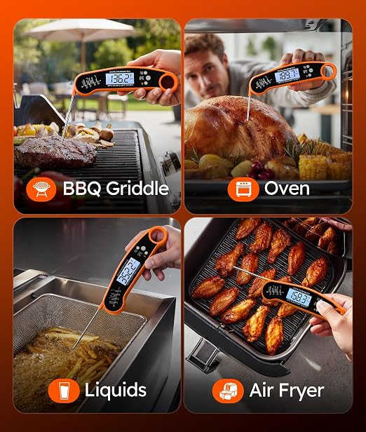 Meat Thermometer Digital, Food Thermometer for Cooking, Orange | Instant Read, for Grilling, BBQ, Air Fryer, Smoker, Candy, Kitchen Gadgets, BBQ Essentials, Gift for Dad, Men, Women