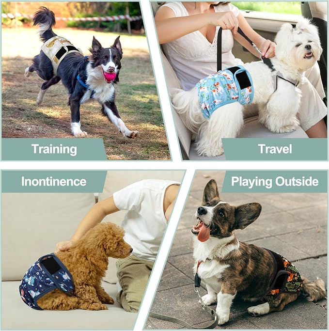 Washable Female Dog Diapers (5 Pack) - Doggie Reusable Small Medium Large Dog Diapers for Doggy Puppy Female in Period - Highly Absorbent Dog Heat Panties,S Plus,Cute Dog Pattern