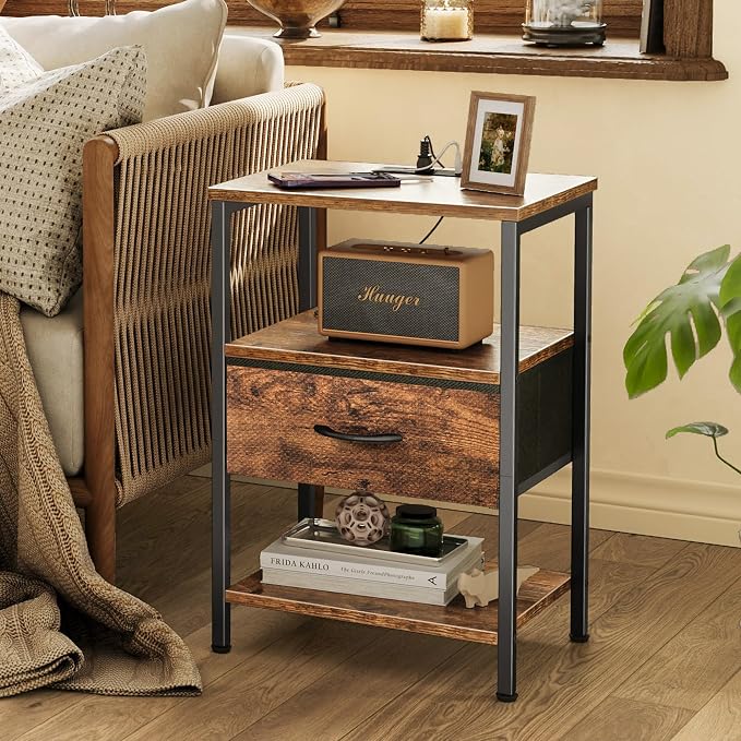 SUPERJARE Nightstand with Charging Station, Bed Side Table with Adjustable Fabric Drawer, Night Stand for Bedroom, 3-Tier Storage End Table, for Living Room, Rustic Brown | Night Stand for Bedroom, with Adjustable Fabric Drawer, 3-Tier Storage End Tabl...