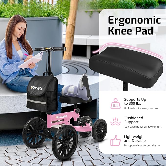 All Terrain Knee Scooter with Disc Brakes, Steerable Knee Walker for Adults for Foot Surgery, Broken Ankle- Foldable Rover Scooter for Broken Foot Injured Leg Crutch (Pink)
