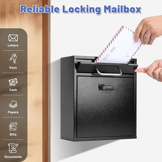 KYODOLED Wall Mount Mailbox for Outside, Combination Lock, Large, Black | Sturdy Steel, Anti-theft Large Drop Box, Ideal for Home, Office, School Daily Mail/Key/Cash Storage, 12H" x 10.5L" x 4.6W"