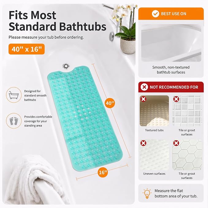 Yimobra Non Slip Bathtub Mat 40 x 16 Inch, Extra Long Shower Mat with Drain Holes, Machine Washable Baby Bath Mats, Strong Suction Cups for Bathroom Floor, Clear Green