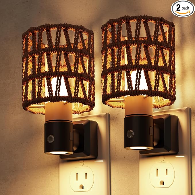 L LOHAS LED Cylindrical Ironwork Boho Lampshade Decor Night Light | 2 Pack Night Lights Plug into Wall,350°Rotatable Dusk to Dawn Sensor Vintage Nightlight for Bedroom Living Room Hallway