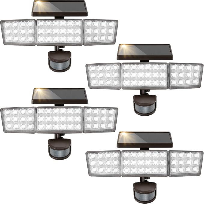Solar Lights Outdoor, 3500LM 168 LED Motion Sensor Solar Flood Lights, 3 Heads 300° Wide Angle, 3 Modes IP65 Waterproof Solar Security Lights for Yard Garden Patio, 4 Pack (Brown)