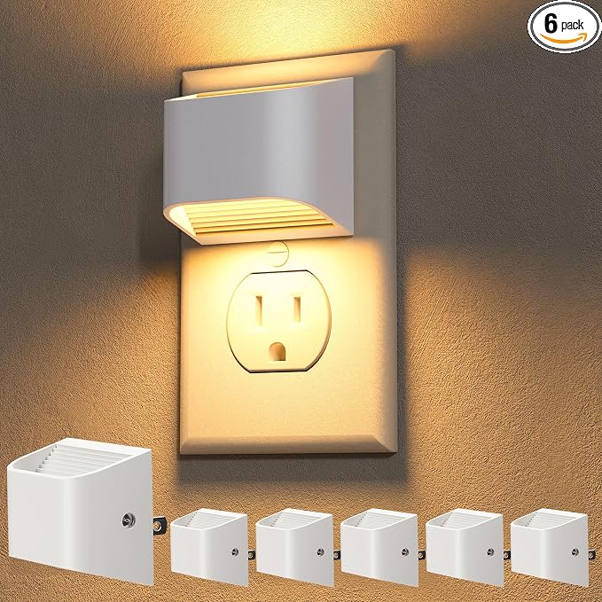 NIORSUN Plug in Night Light, Auto Brightness Sensor Night Light, 3000K Warm White, Ultra-Slim Wall Light for Hallway Bathroom Bedroom Stairs, White, 6 Pack